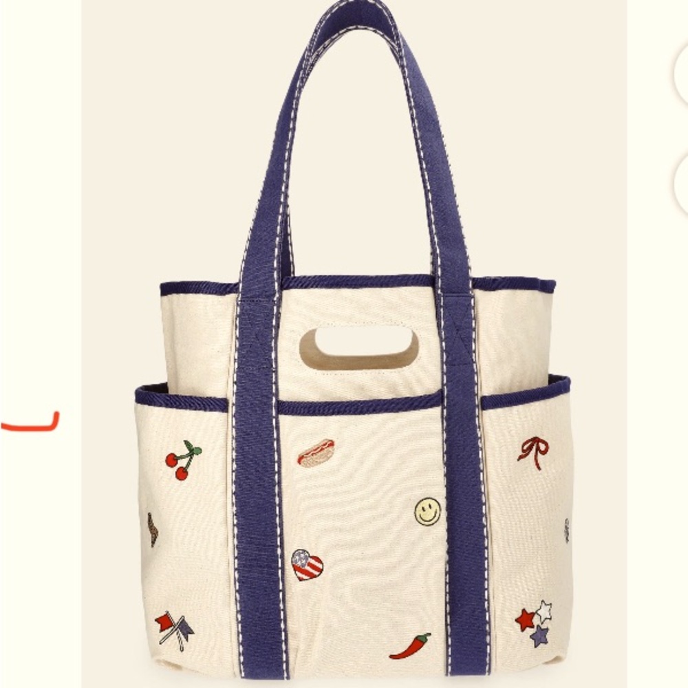 Large Canvas Navy Cream Embroidered Tote Bag Nautical Americana, red white blue